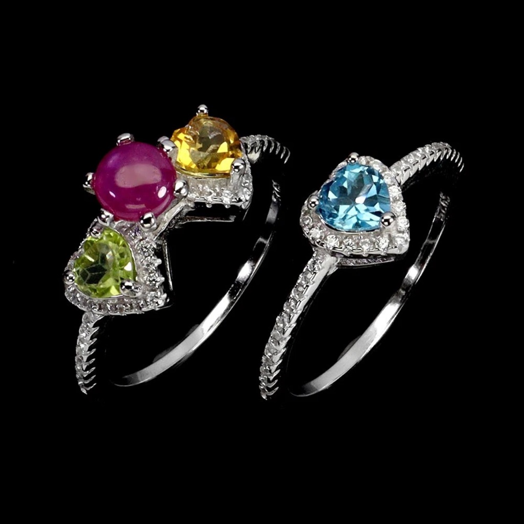 Natural Ruby, Citrine, Peridot & Sky Blue Topaz 2n1 Rings Size 8 In 925 Silver